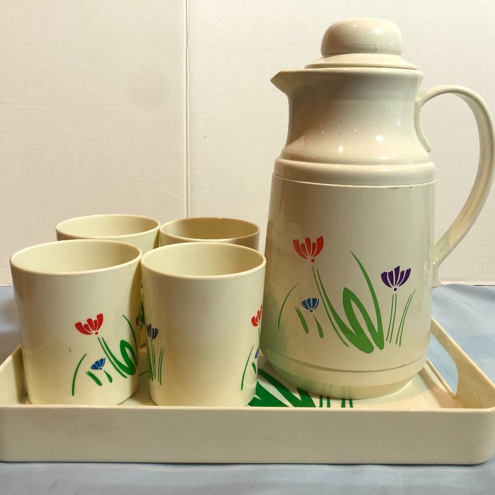 VINTAGE Phoenix Thermos Pitcher w 4 Cups Tumblers & Matching Tray #F61